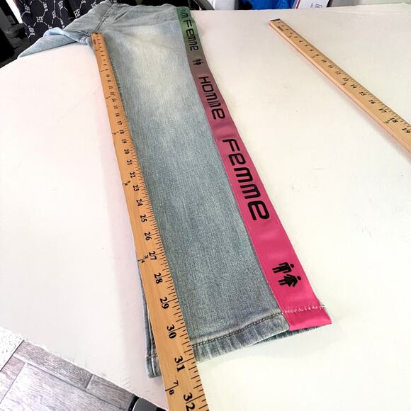 Homme + Femme NEW Tesla Skinny Blue Jeans Sz 40 Green Pink Gradient Logo Ribbon - Picture 9 of 10